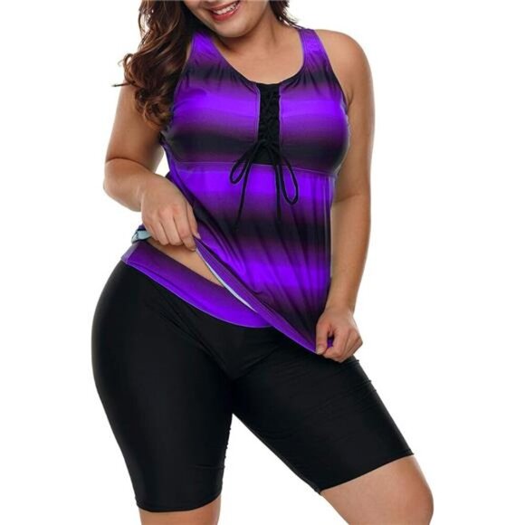 Plus Size Tankini Rash Guard Capris Two Piece Swimsuit Bathing Suit - Picture 4 of 4
